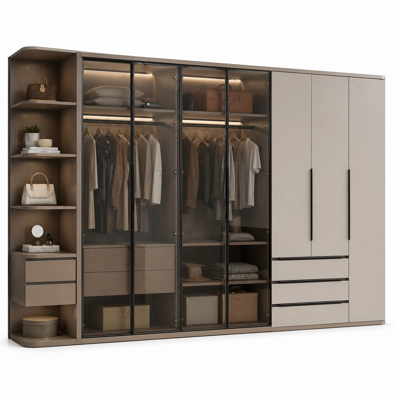 Armario moderno compacto beige con zona de tocador lateral