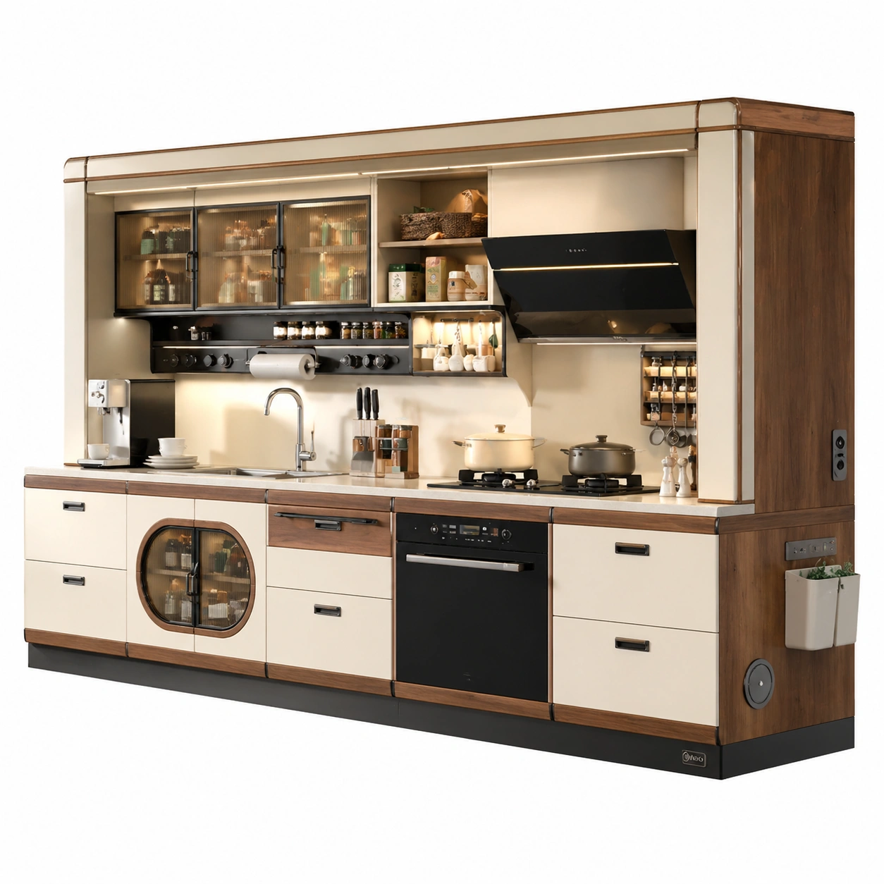 Cocina integral clasica con acabado crema y madera