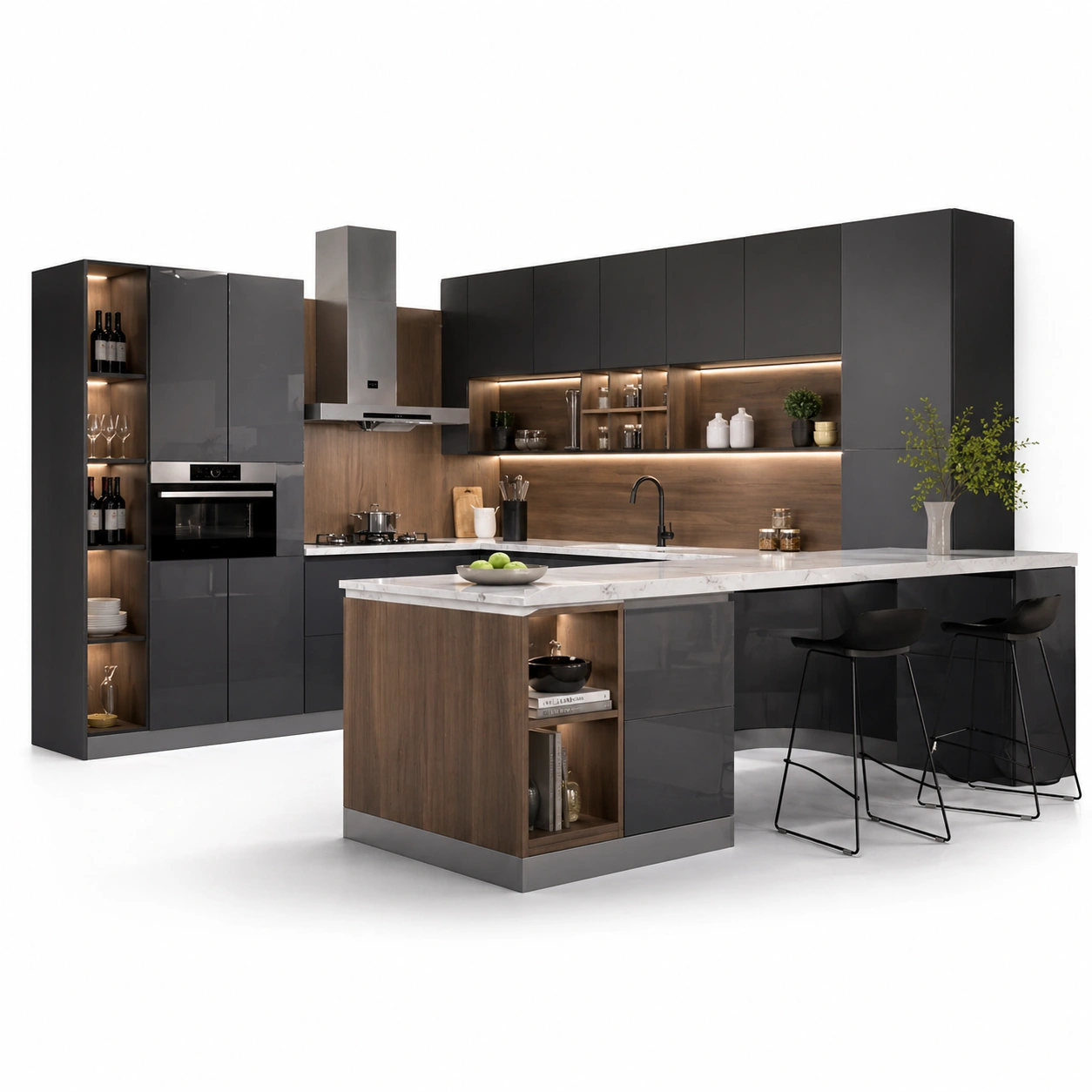 Cocina moderna en L con isla central y acabado gris