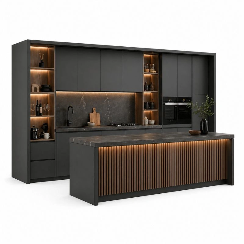 Cocina minimalista con isla y panel frontal texturizado