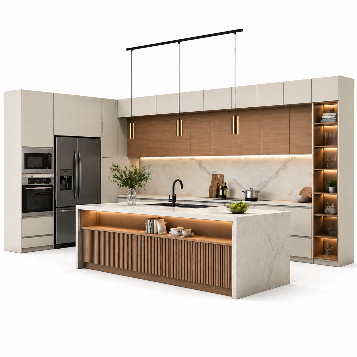 Cocina moderna blanca con isla y encimera marmol