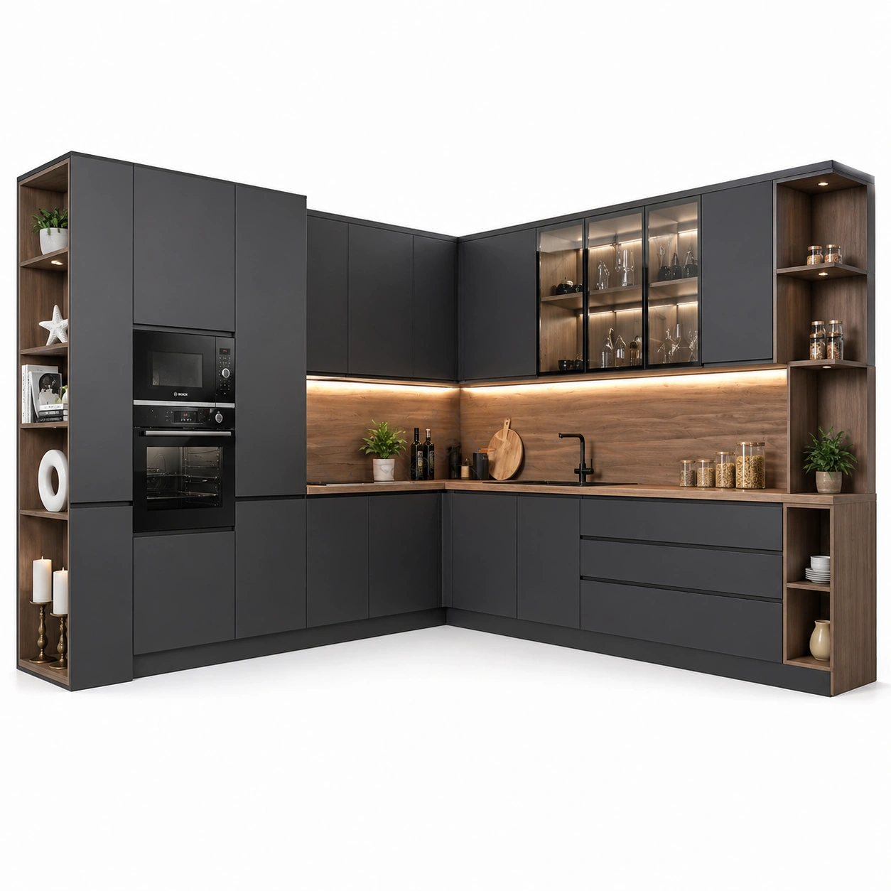 Cocina en L moderna gris con detalles en madera
