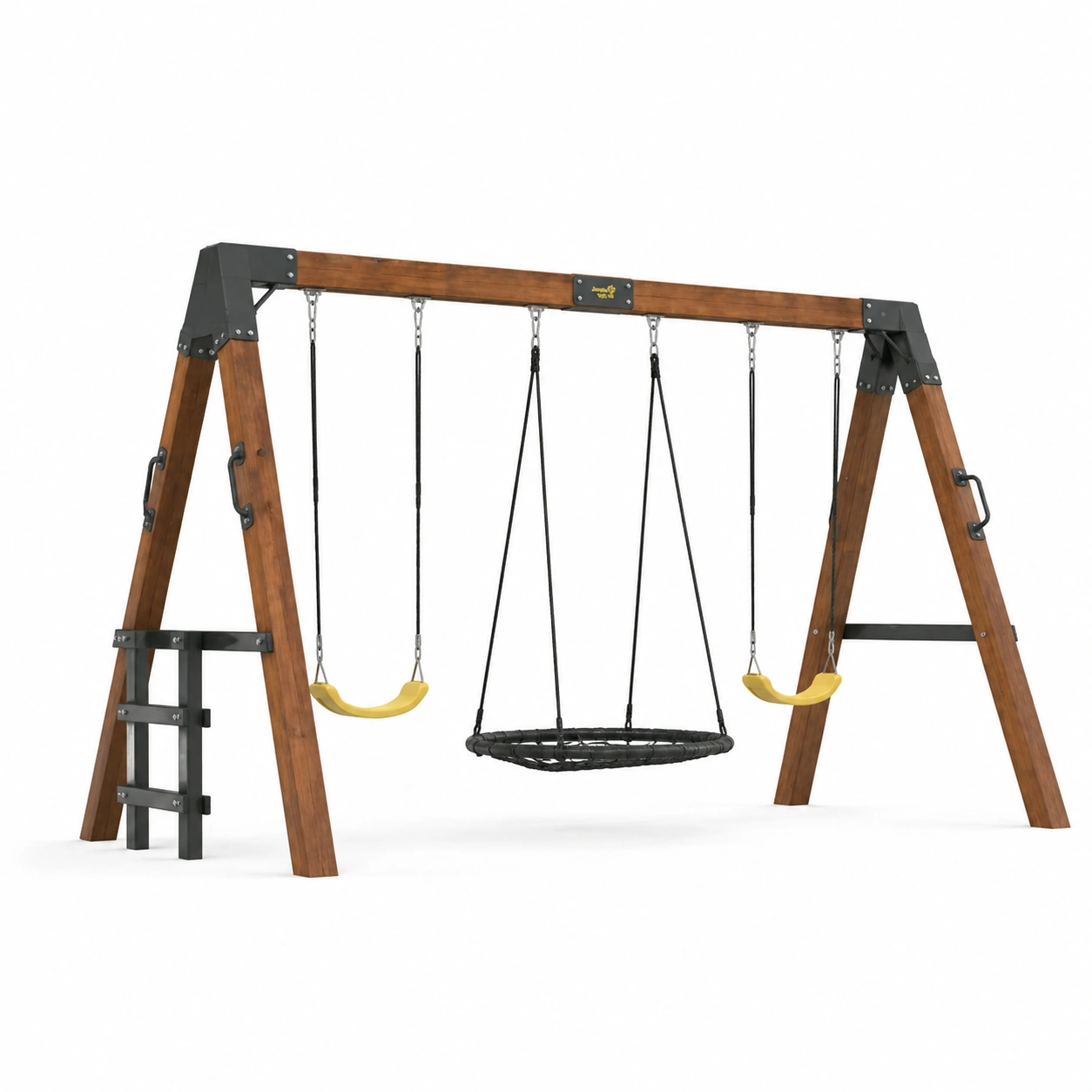 Columpio de madera con plataforma nido y asientos clasicos