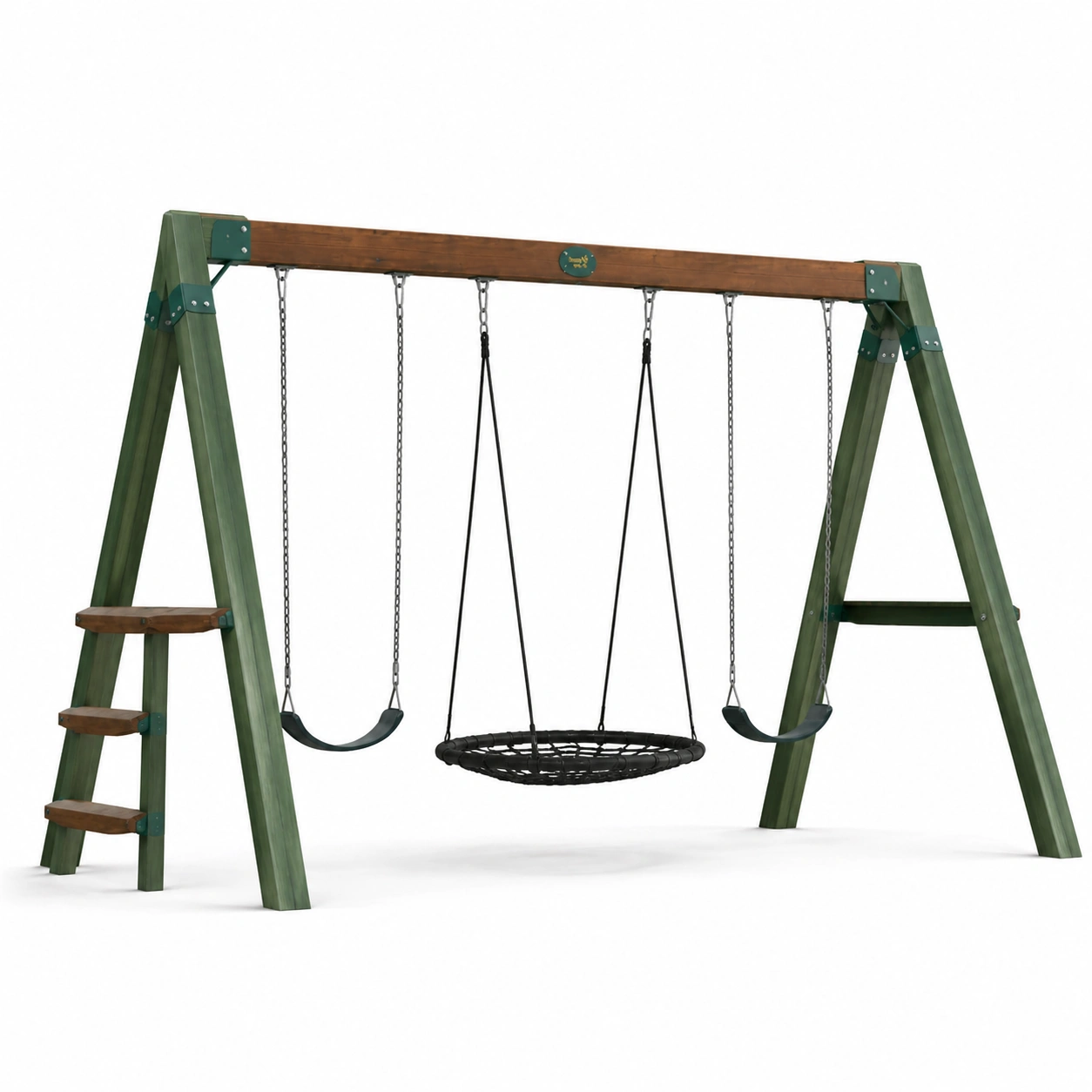 Columpio infantil madera verde con asiento nido central