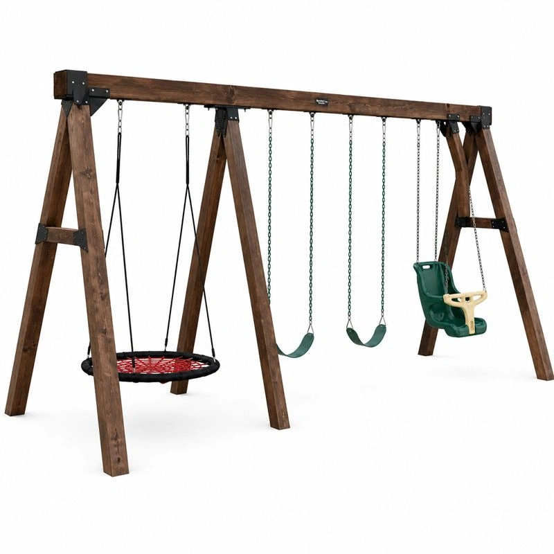 Columpio grande de madera con multiples asientos y silla bebe