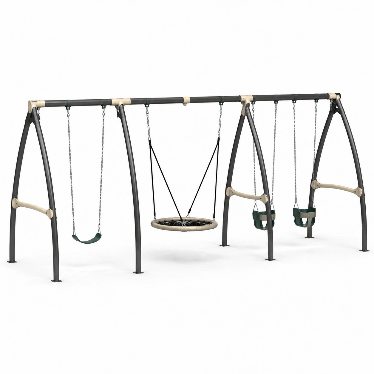 Columpio moderno metalico con estructura curva y asiento nido
