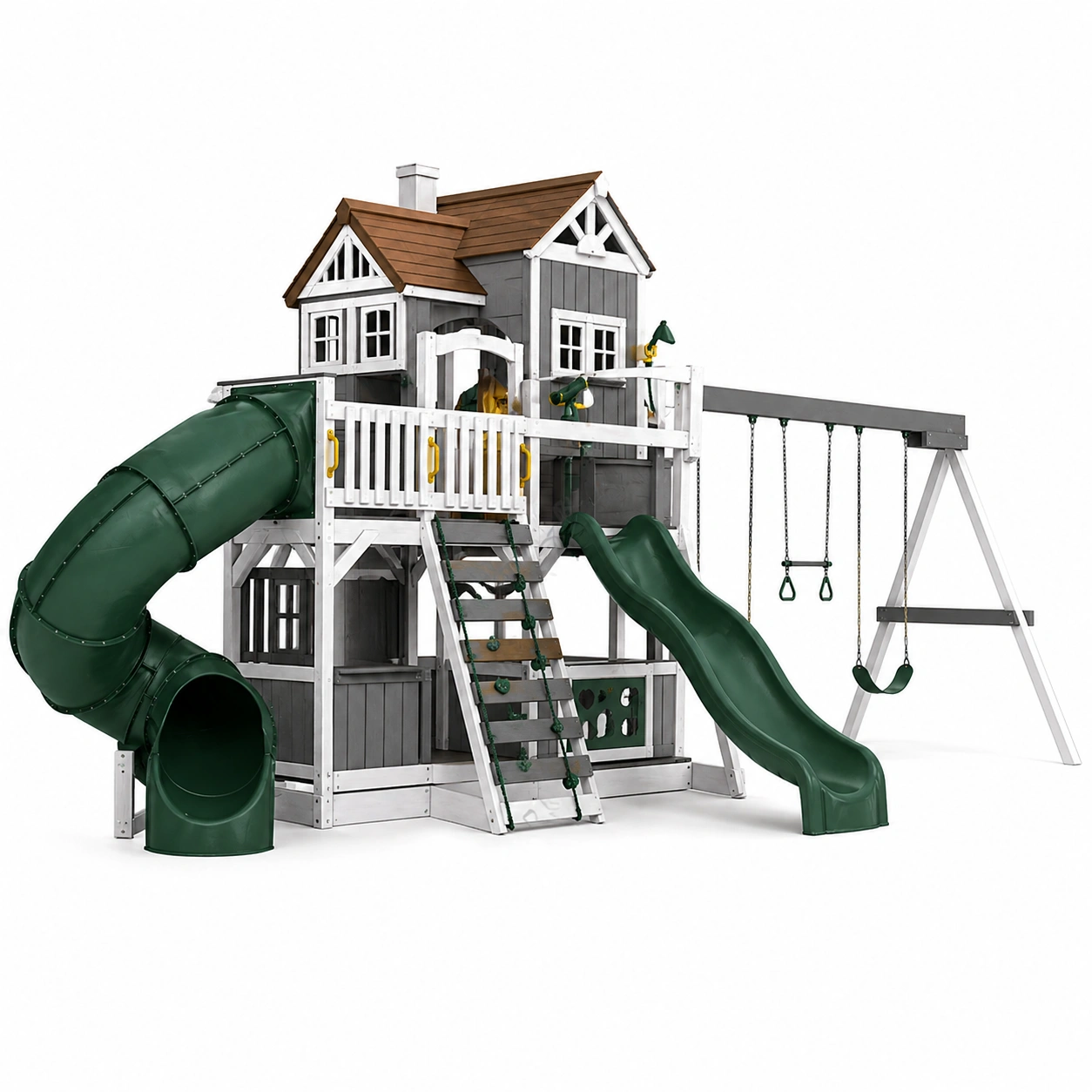 Parque infantil madera con casa elevada y tobogan tubular