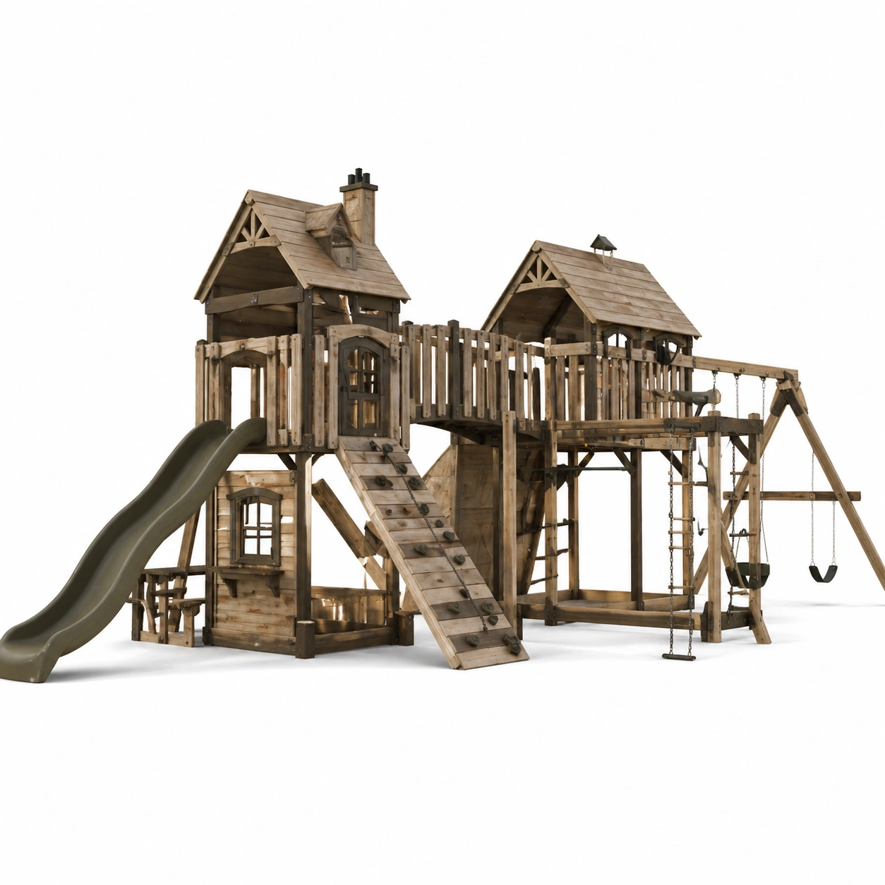 Parque infantil grande madera natural con puente y columpios