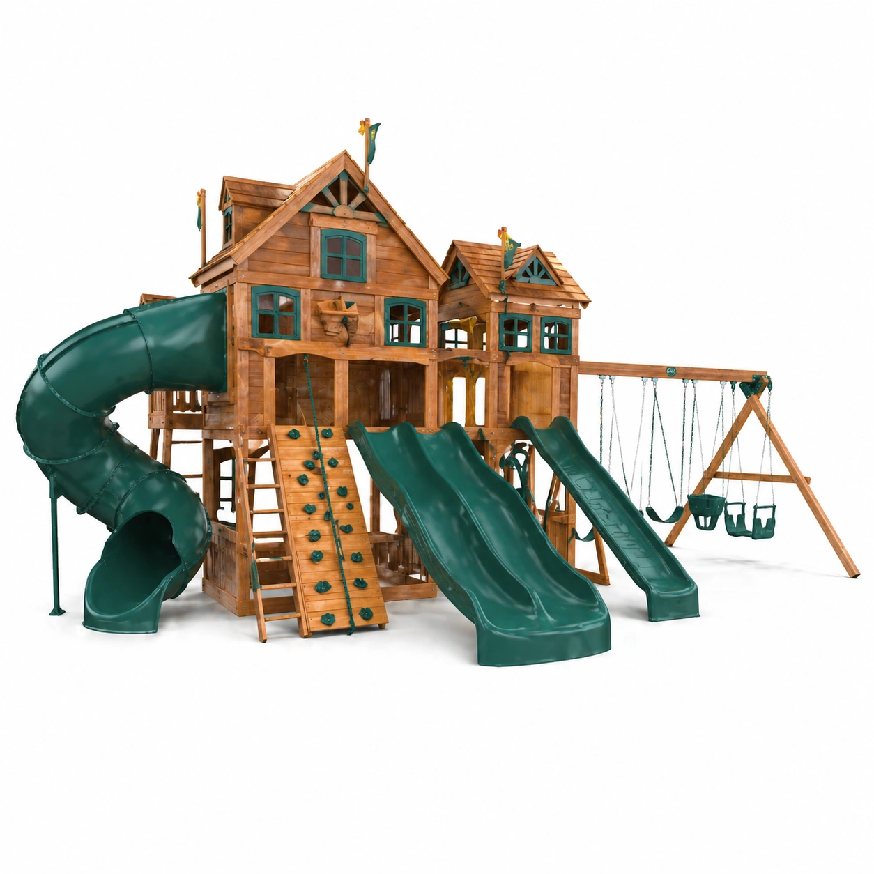 Parque infantil doble torre con toboganes y zona de columpios