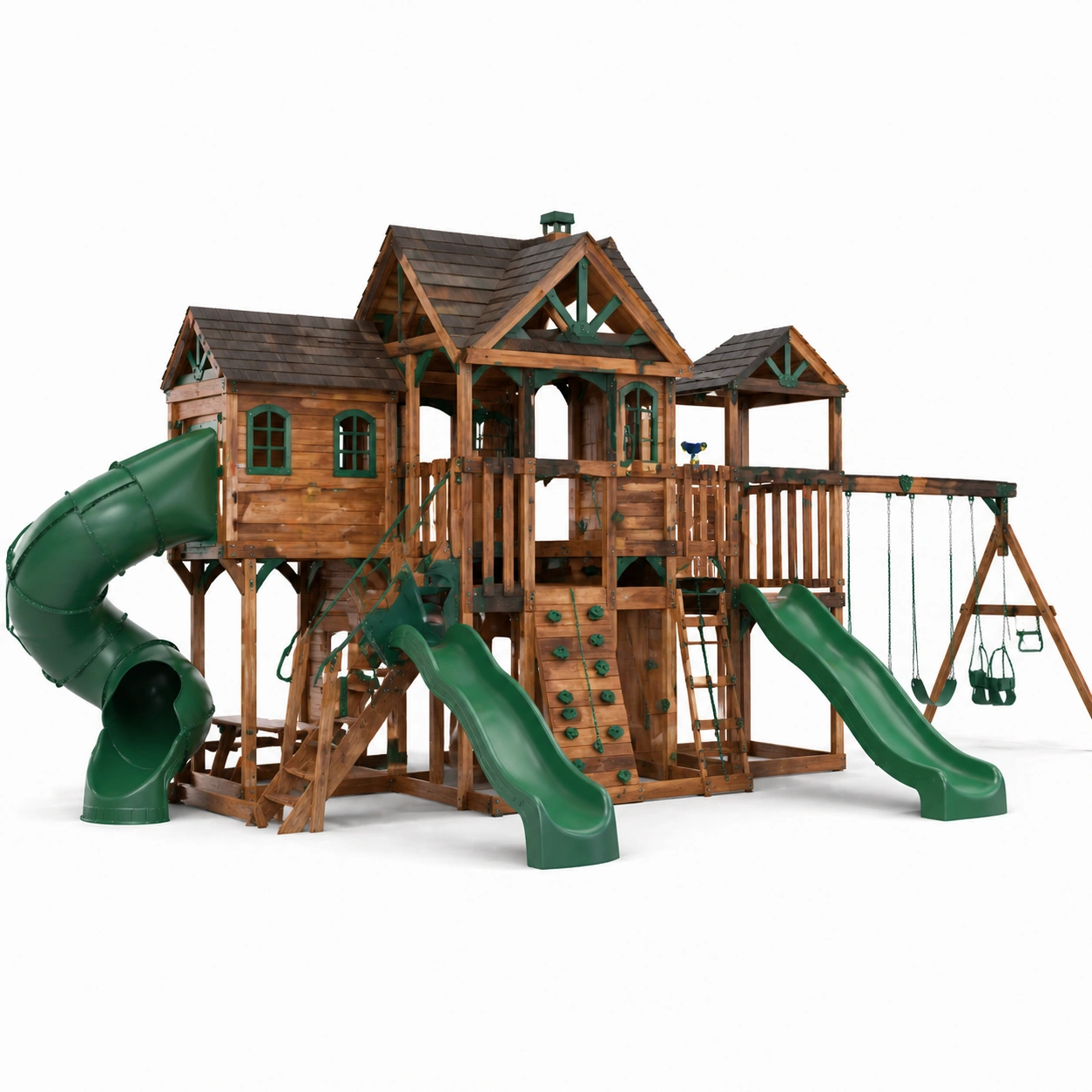 Parque infantil madera premium con multiples niveles y toboganes