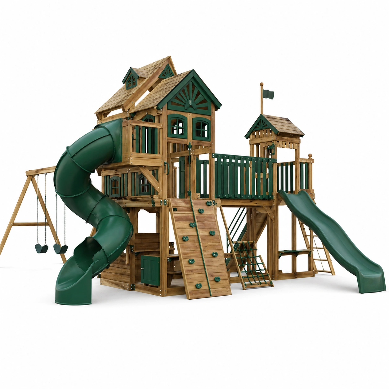 Parque infantil madera con torre lateral y columpios integrados