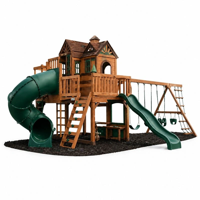 Parque infantil compacto madera con casa y tobogan lateral