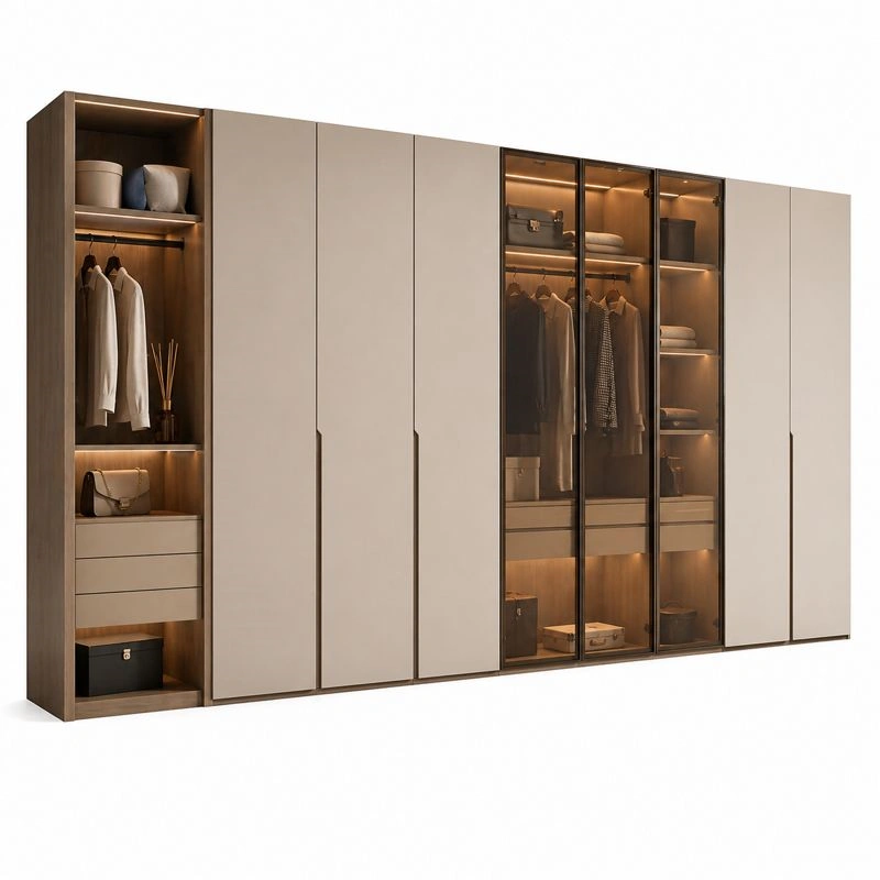 Armario modular grande moderno con puertas mixtas y luz LED