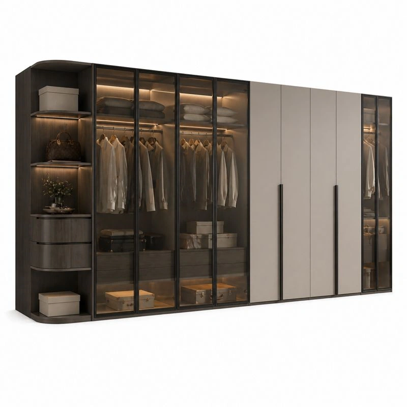 Armario moderno de gran capacidad con vitrinas y acabado oscuro