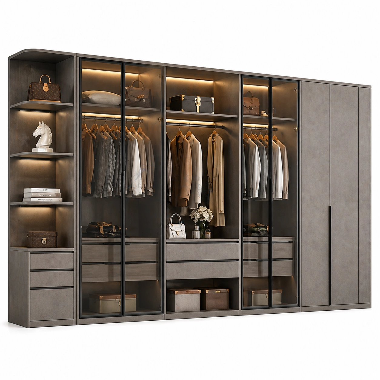 Armario modular premium con puertas de vidrio y cajones integrados
