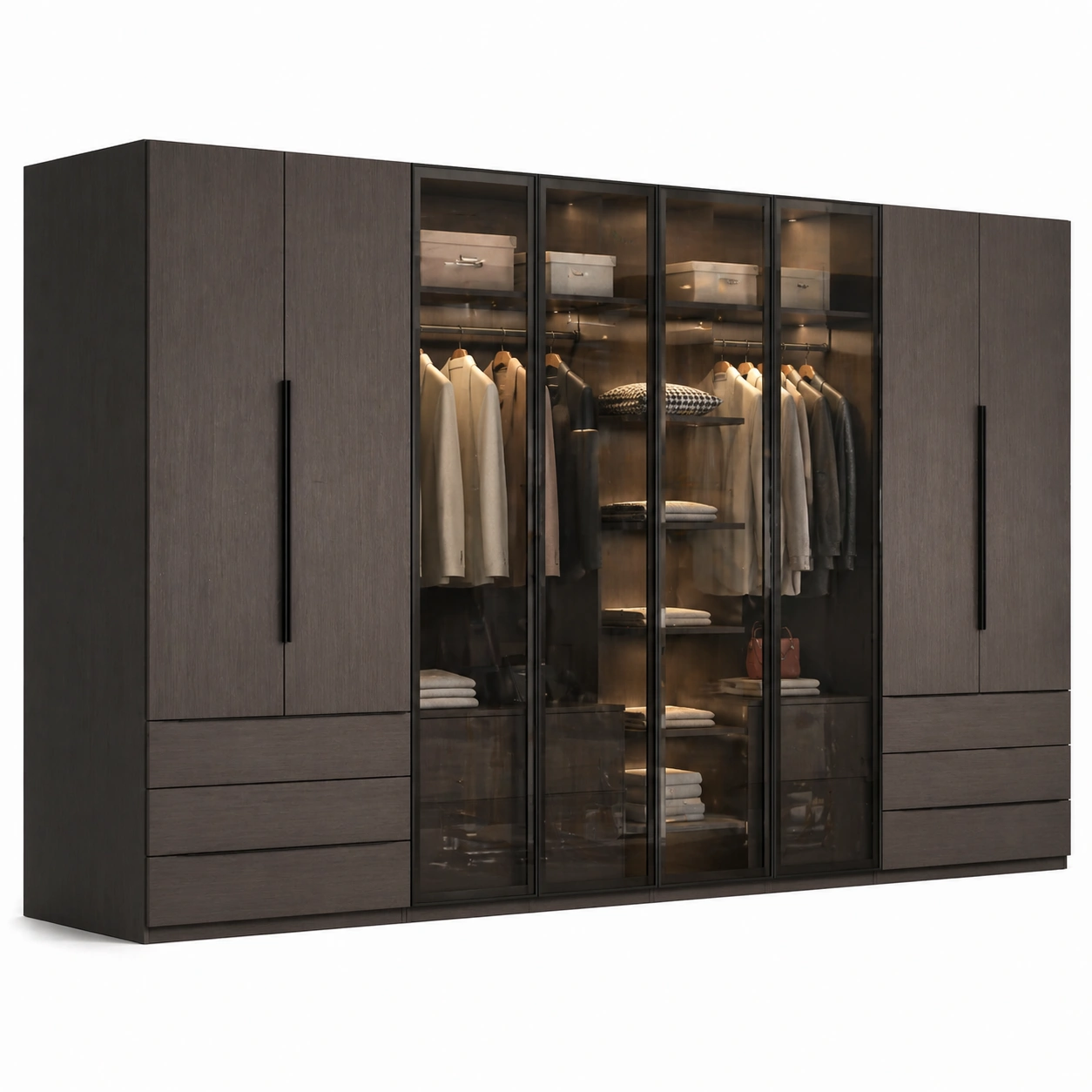 Armario moderno minimalista con vitrinas centrales y acabado oscuro