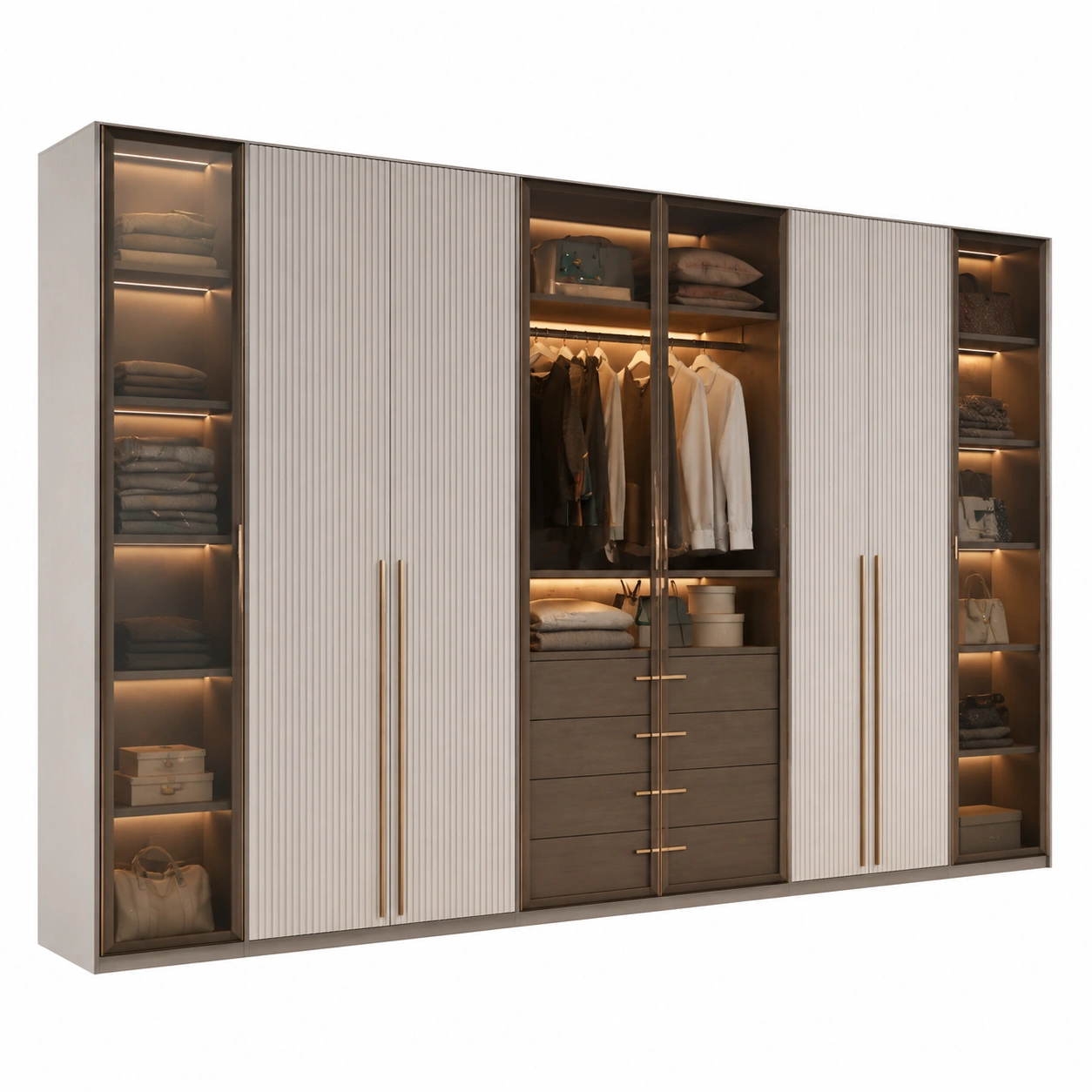 Armario grande moderno con paneles texturizados y vitrinas