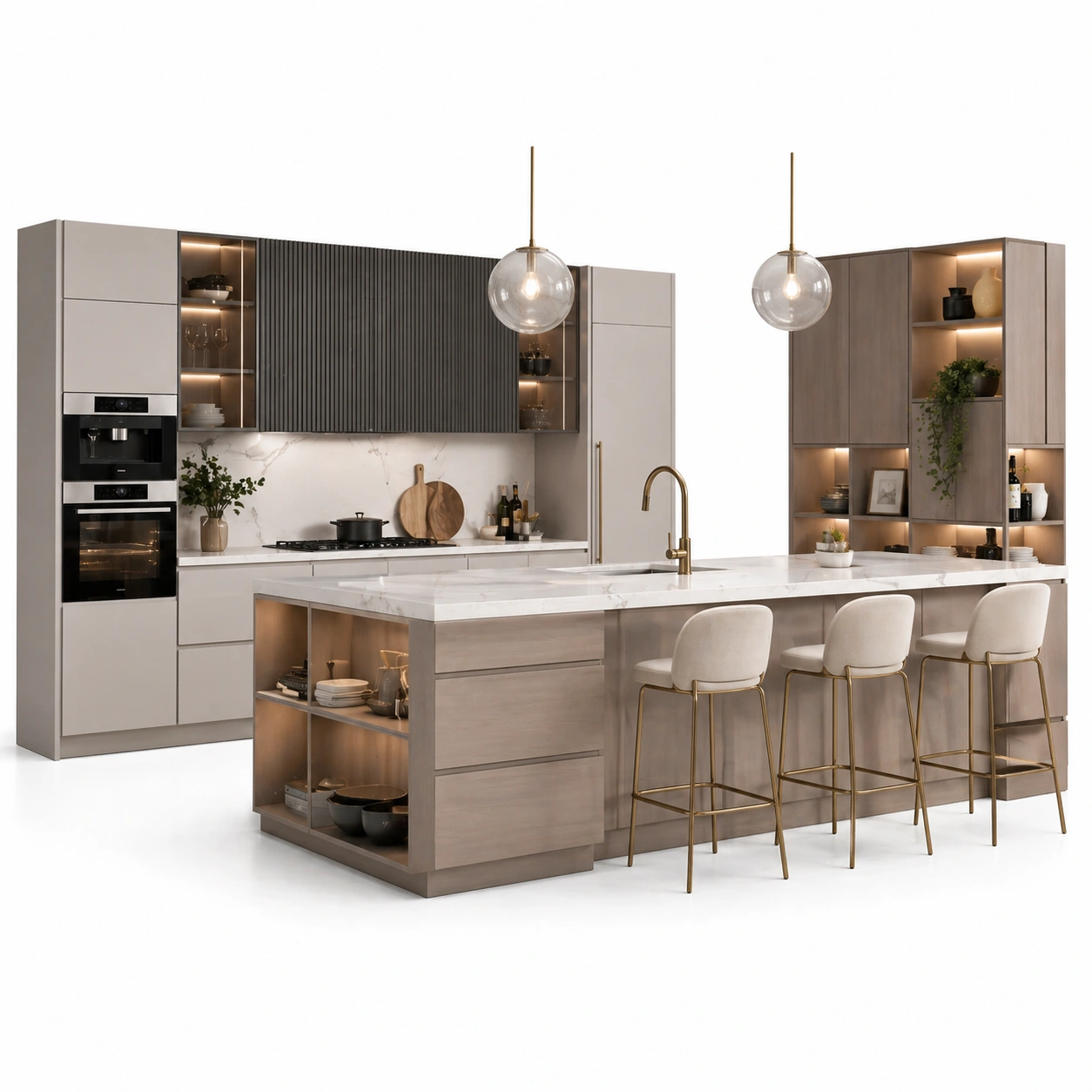 Cocina moderna con isla central y barra integrada