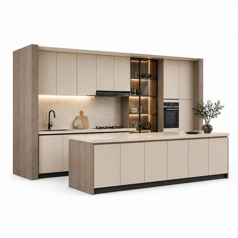 Cocina modular grande con isla y almacenamiento amplio