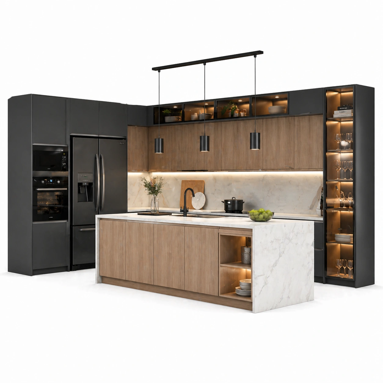 Cocina moderna en L con electrodomesticos y acabados oscuros