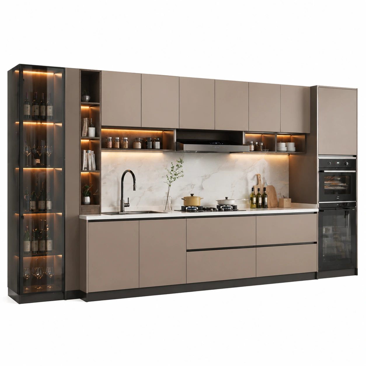 Cocina lineal moderna con vitrinas y almacenamiento iluminado