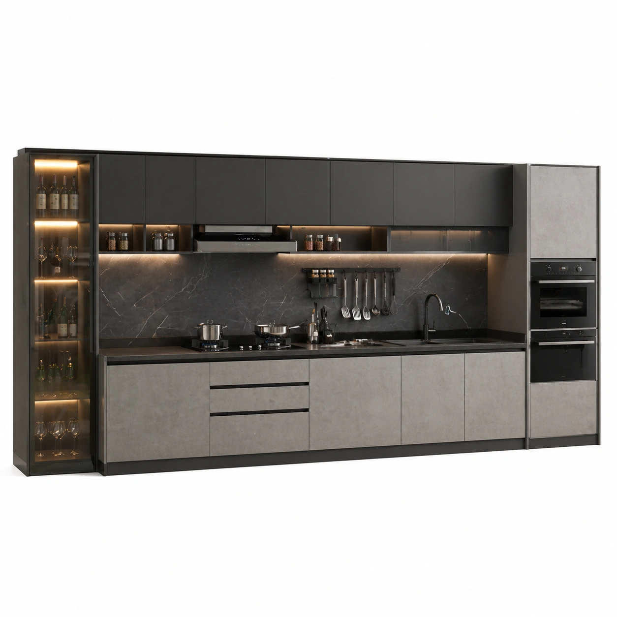 Cocina moderna minimalista con acabado oscuro y vitrinas laterales