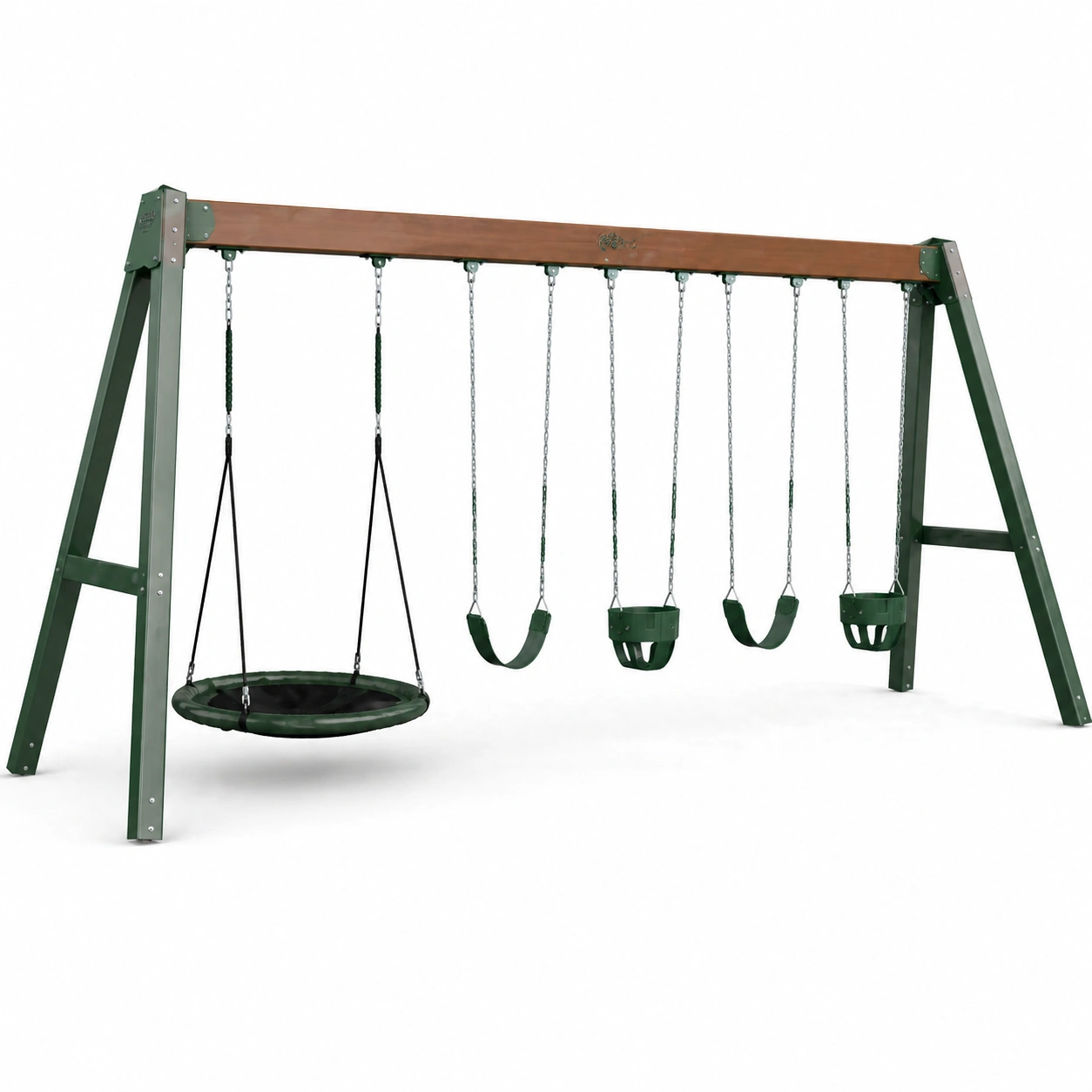 Columpio exterior multifuncional con estructura resistente y asiento redondo