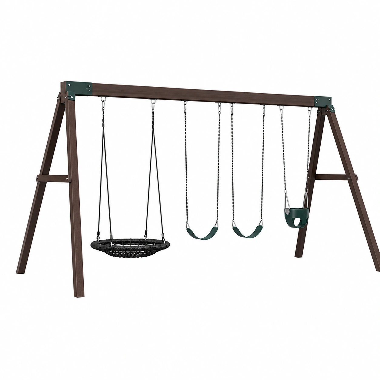 Columpio clasico de madera con asiento nido y asientos individuales