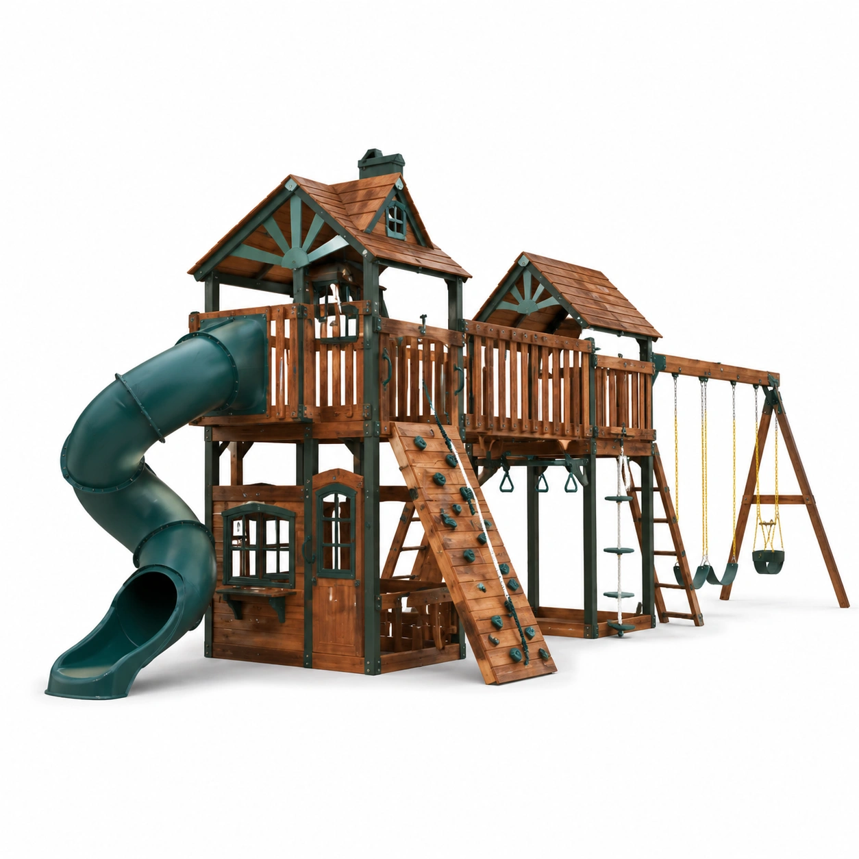 Parque infantil de madera con torre doble, tobogan curvo y columpios