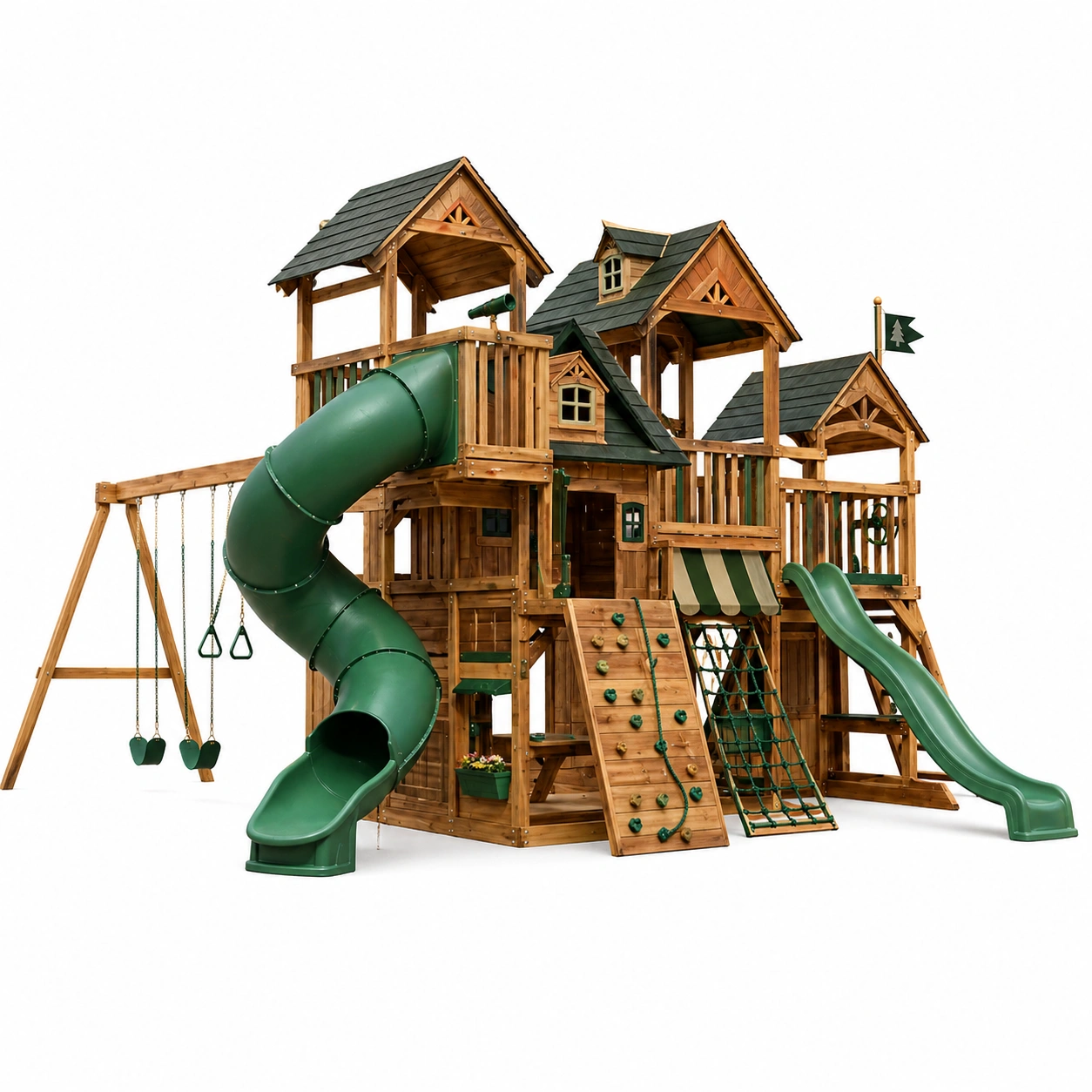 Parque infantil premium con torres multiples y red de escalada