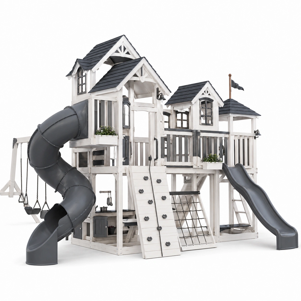 Parque infantil moderno blanco con tobogan doble y zona de juego