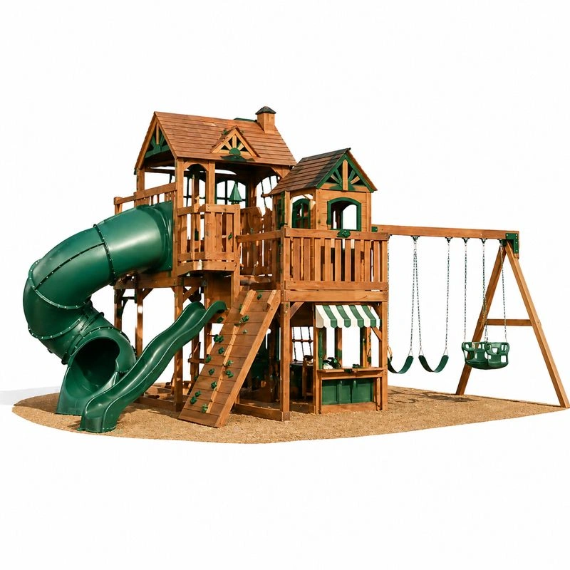Parque infantil con area de columpios y casa elevada multifuncional