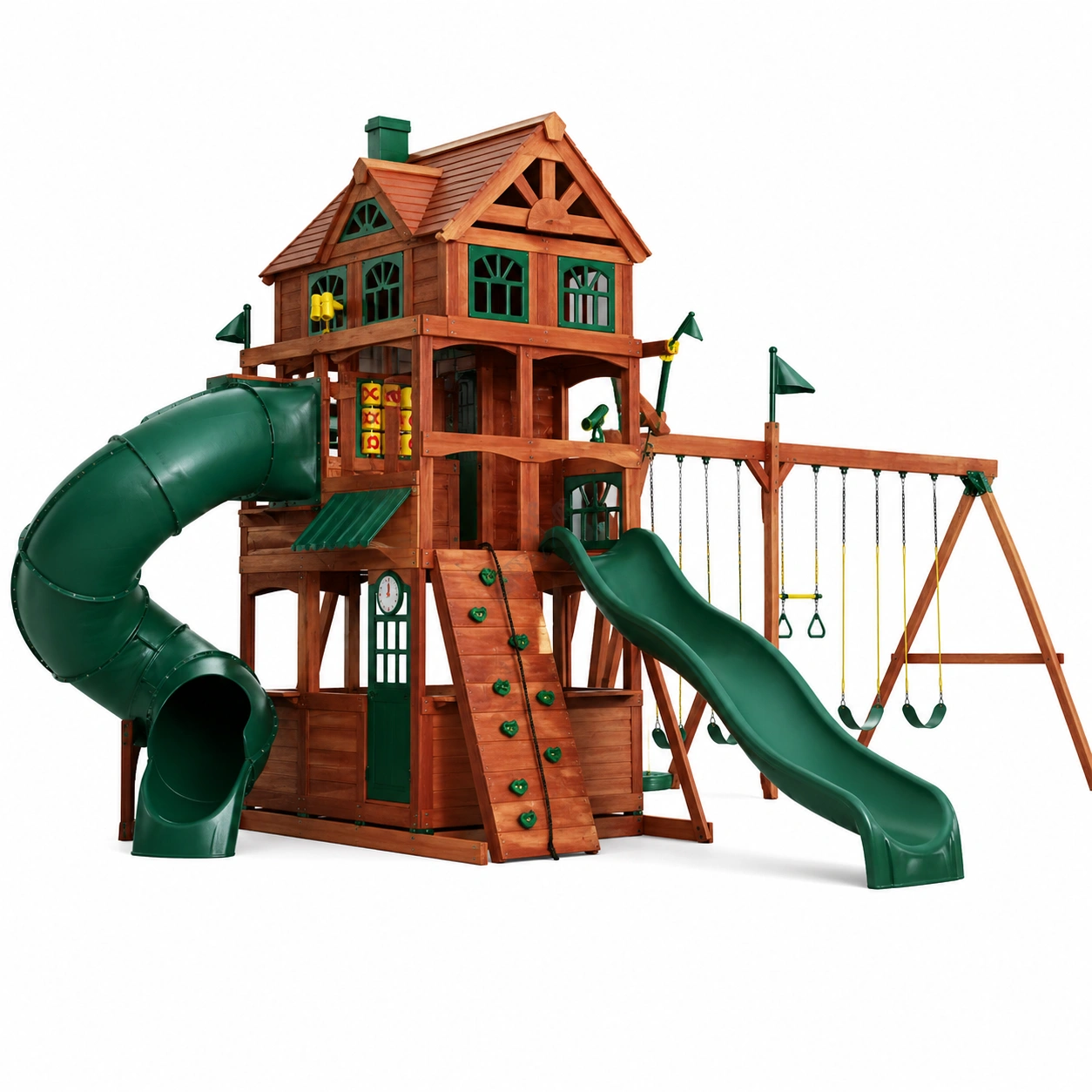 Parque infantil compacto con torre, tobogan y columpios laterales