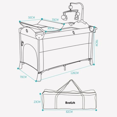 Schéma dimensions du Berceau Bébé 3 en 1 avec sac de transport.