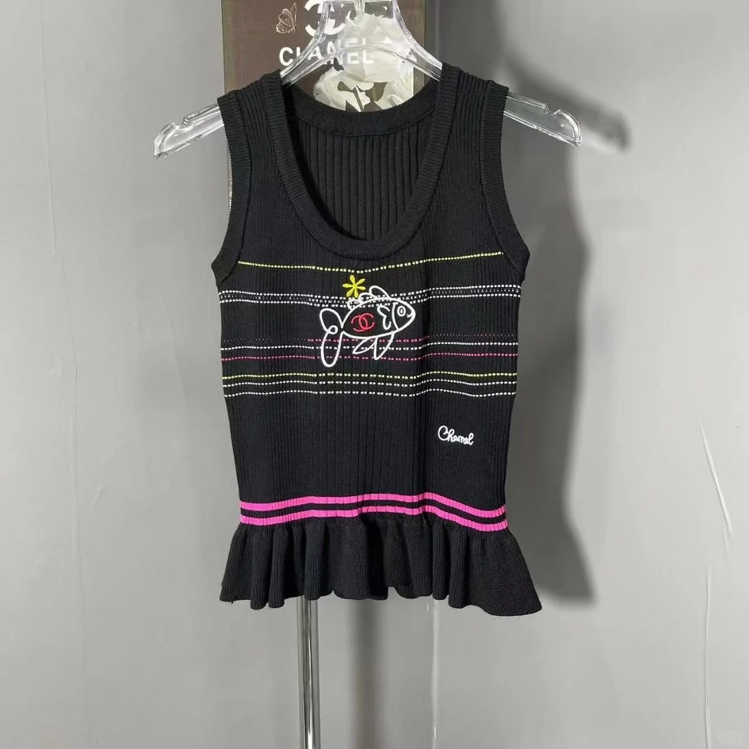 CHANE25SS Little Fish Stripe Stretch Knit Cami Tank Top