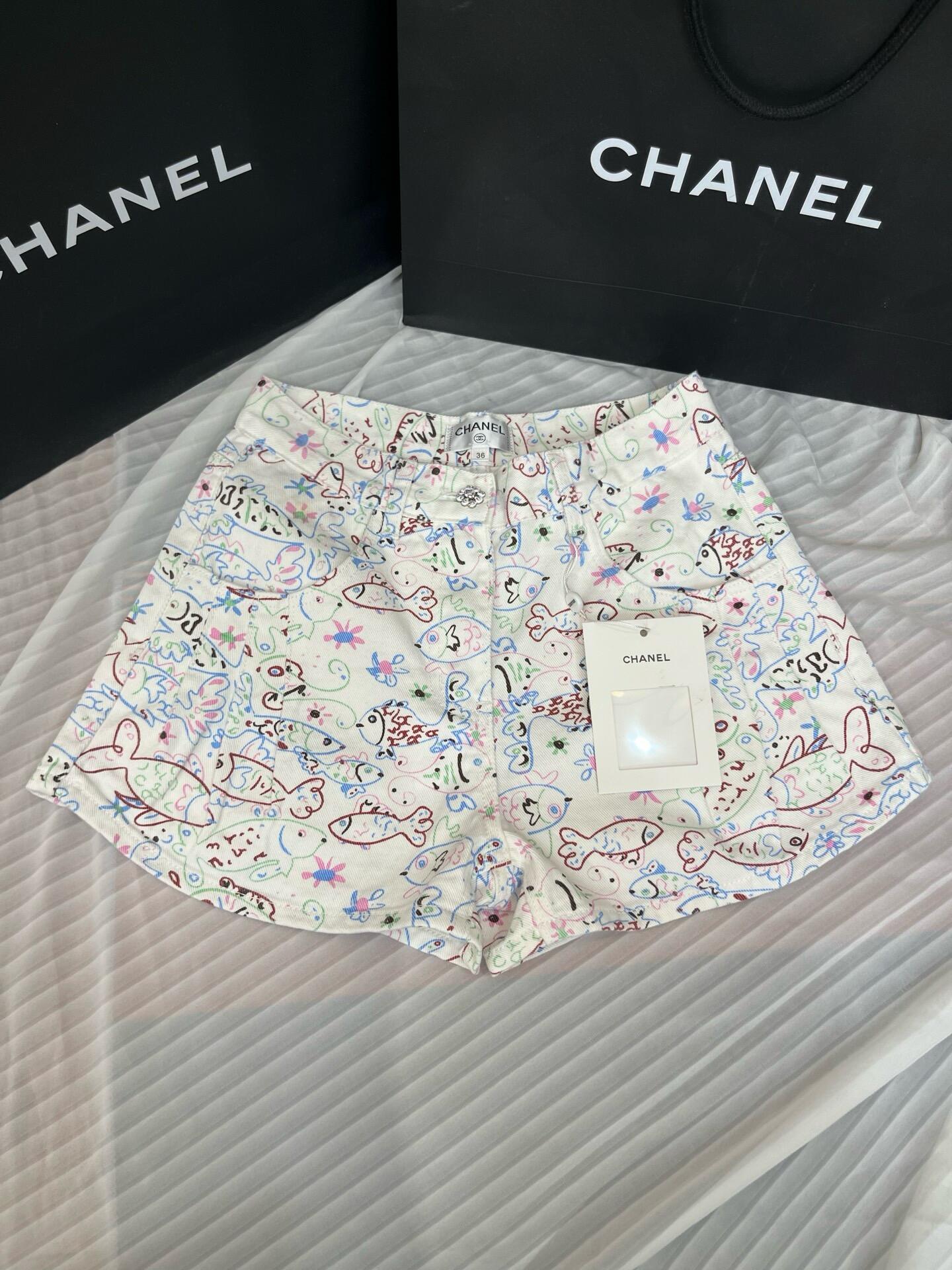 CHNEL Printed Graffiti Denim Shorts