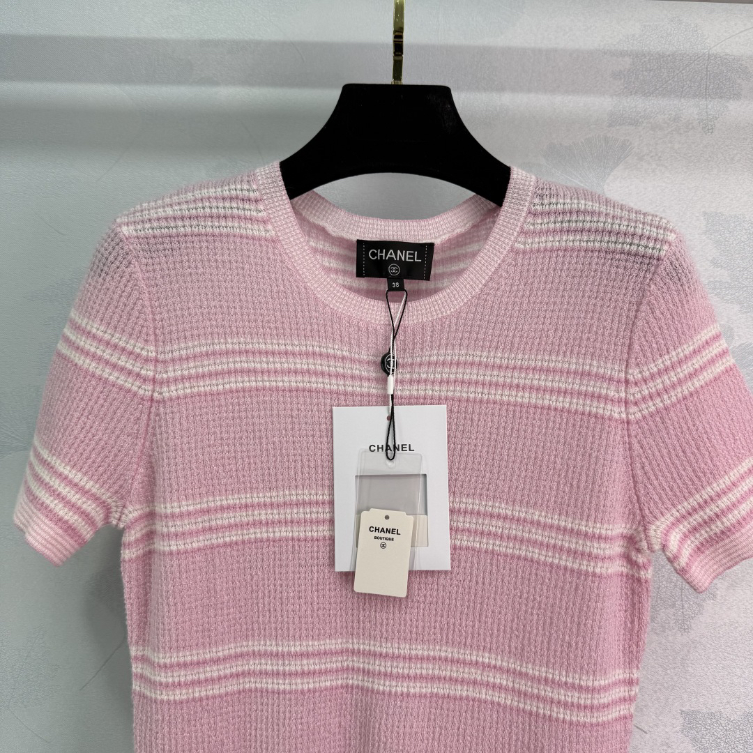 CHANE25SS Knit Colorblocked Stripe Patchwork Short Sleeve