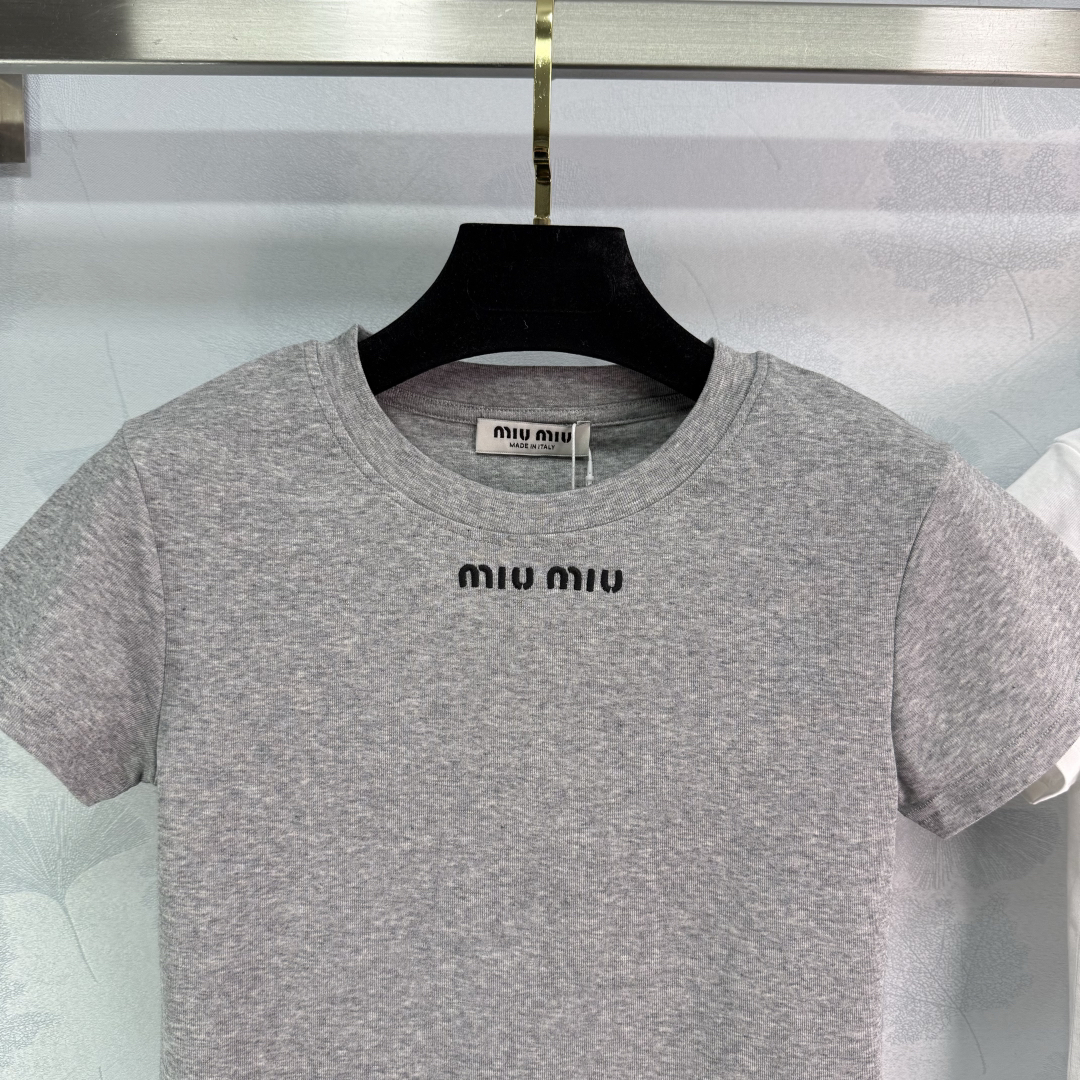 MIU25SS Two Colours Embroidered Letter Short Sleeve T-Shirt