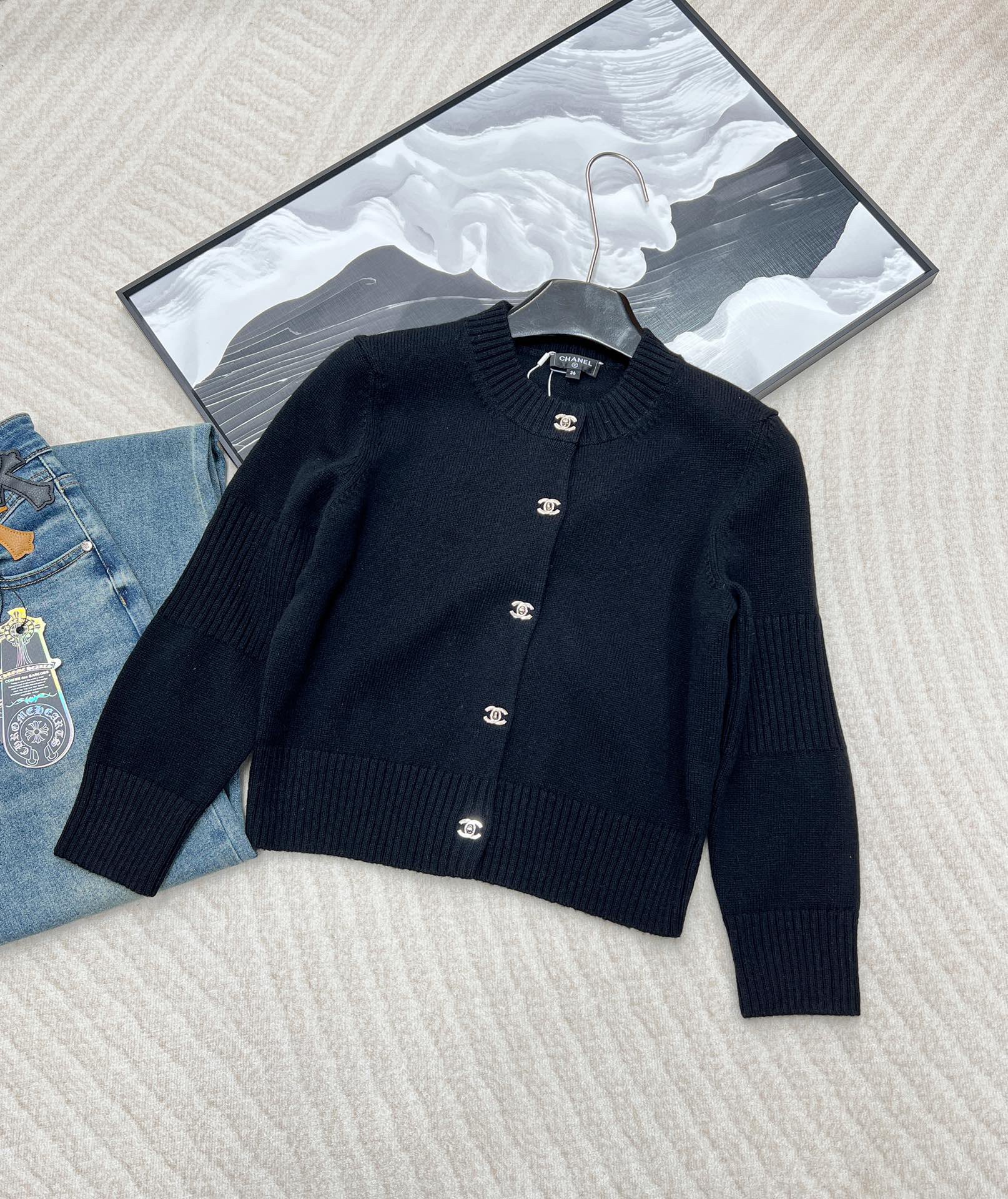 CHNEL Black Double C Button Cashmere Cardigan