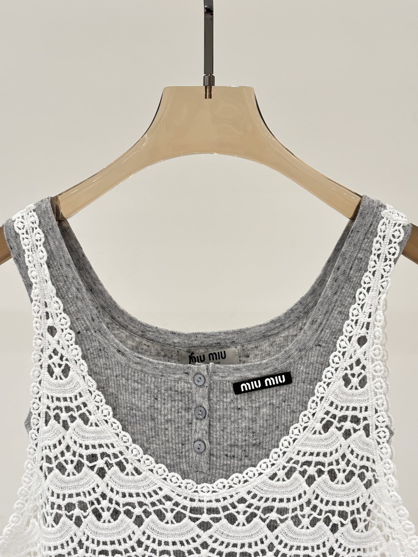 MIU25SS round neck letter logo patch simple lace tunic knit two-piece set