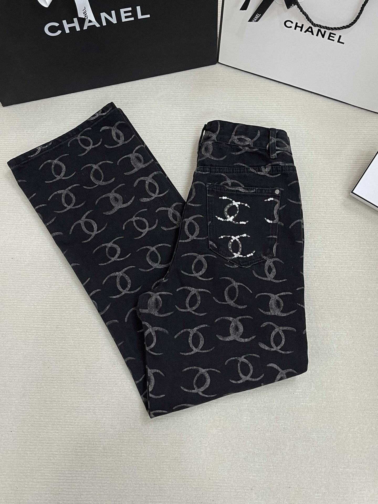 CC Full-Print Back Pocket Sequined Pants - Two-Tone