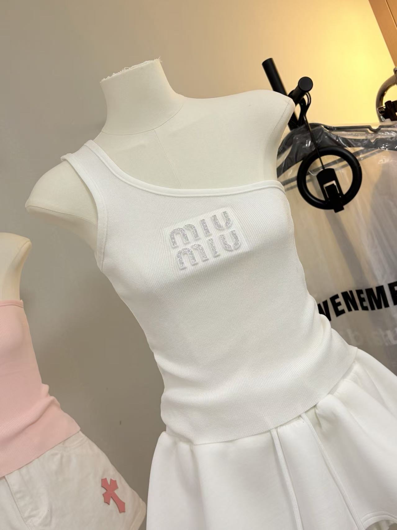MIU Asymmetric Shoulder Ruffled Knit Cami Dress