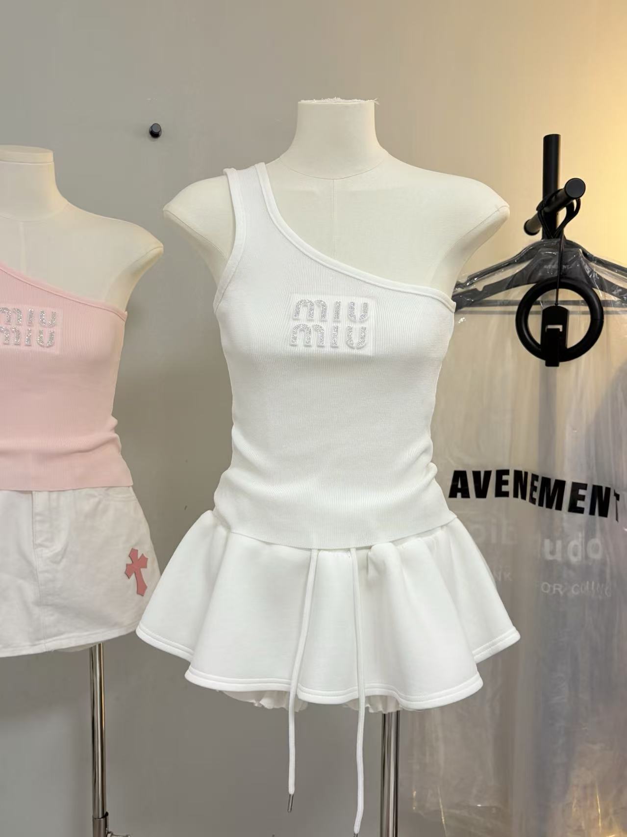 MIU Asymmetric Shoulder Ruffled Knit Cami Dress