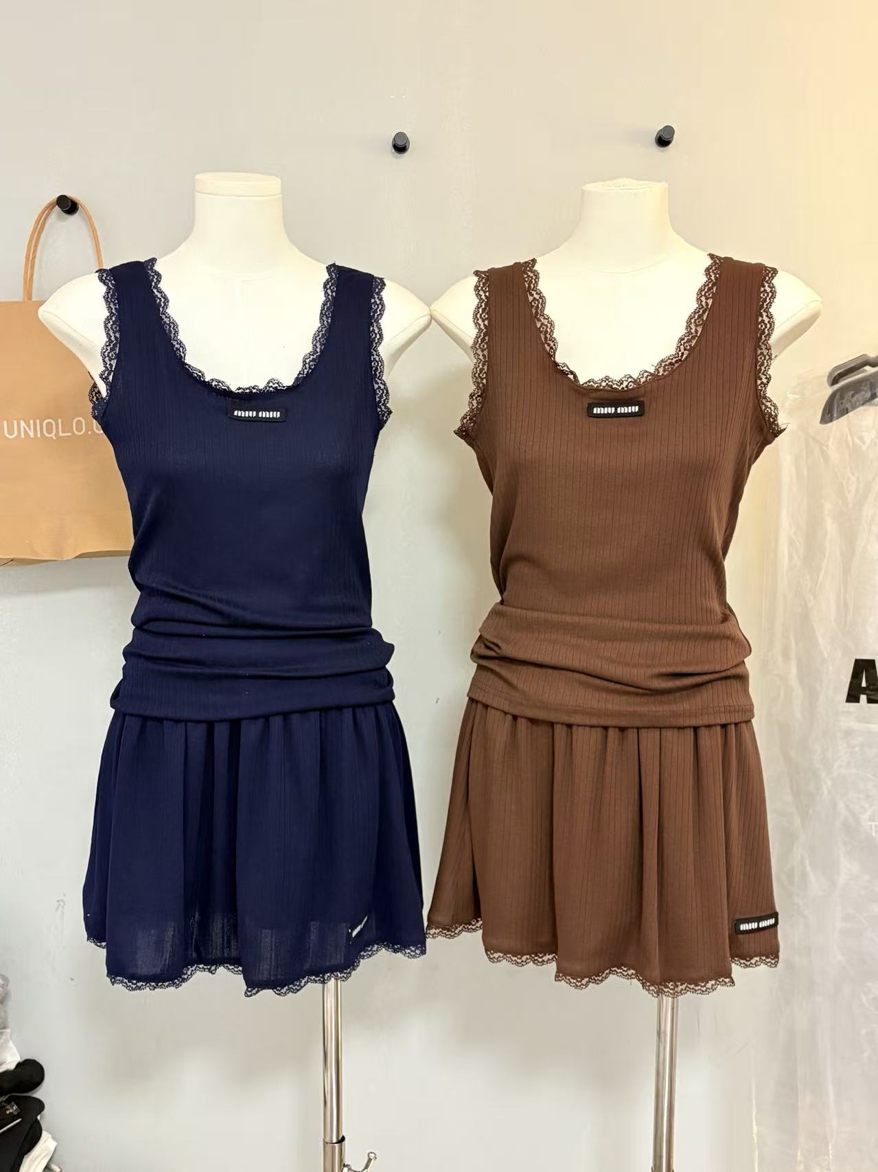 MIU Lace-Trimmed Knit Cami & Mini Skirt Co-ord Set