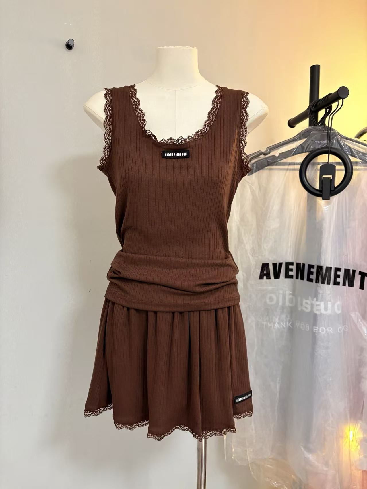 MIU Lace-Trimmed Knit Cami & Mini Skirt Co-ord Set