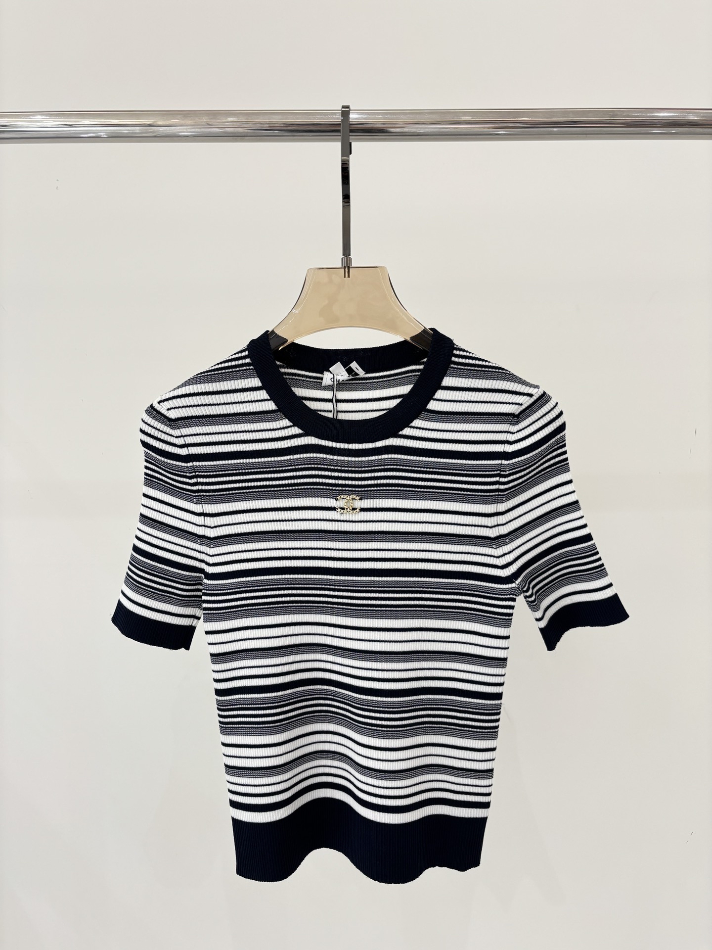 CHANE25SS Round Neck Letter Logo Stripe Patchwork Colour Block Knit Short Sleeve
