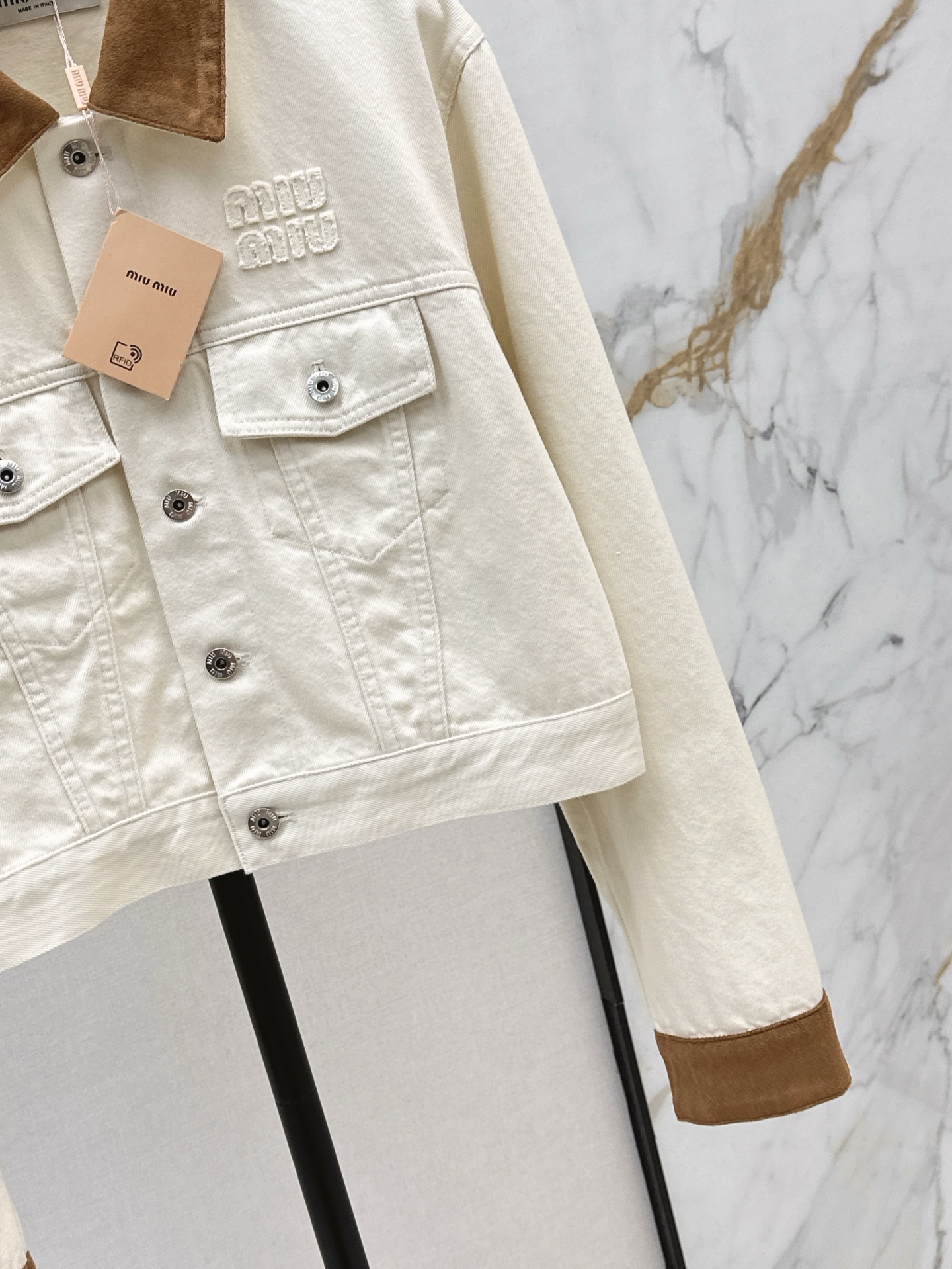 MIU25SS quilted leather trimmed denim jacket