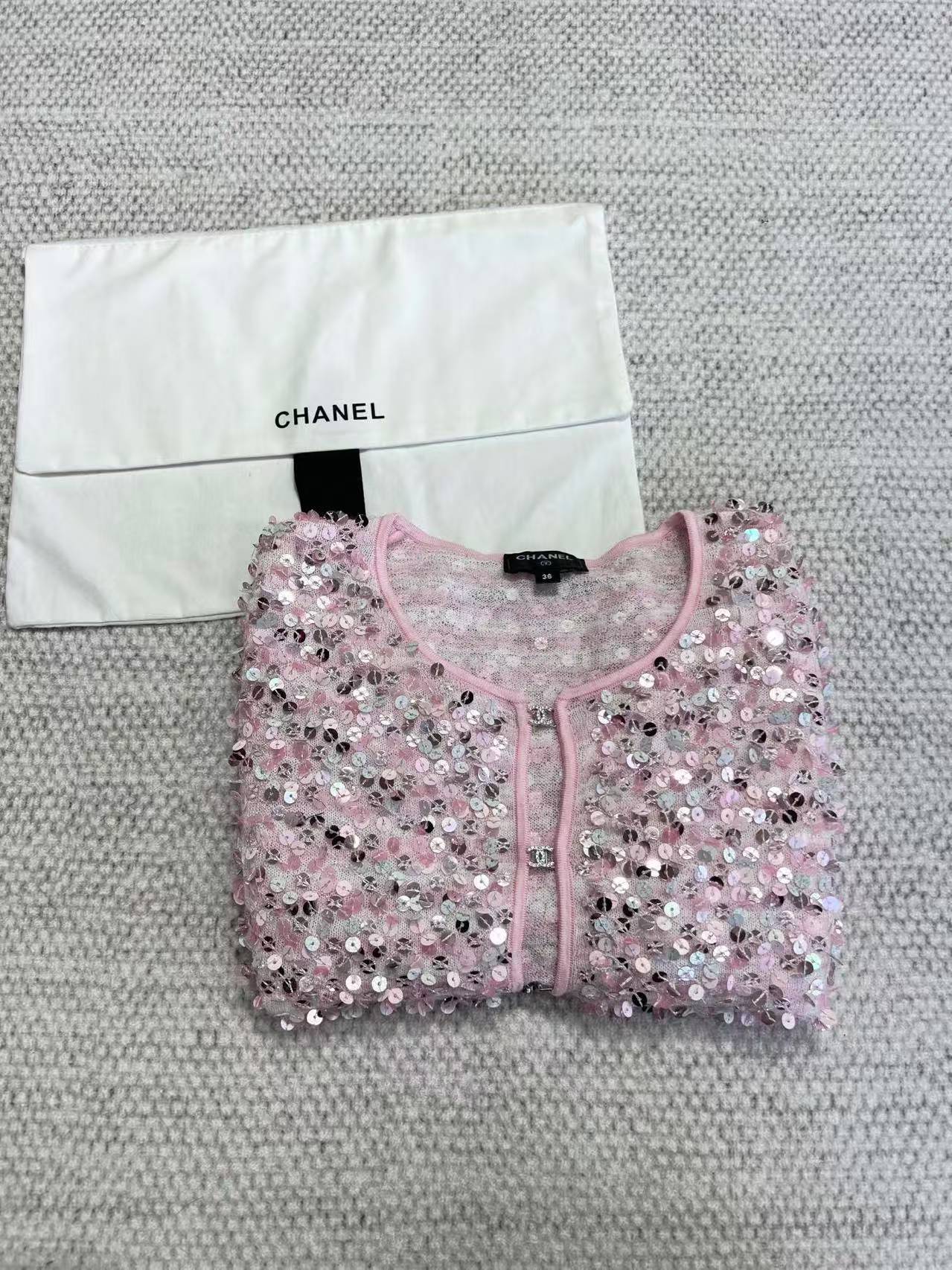 CHNEL Pink Diamond Button Sequin Cardigan