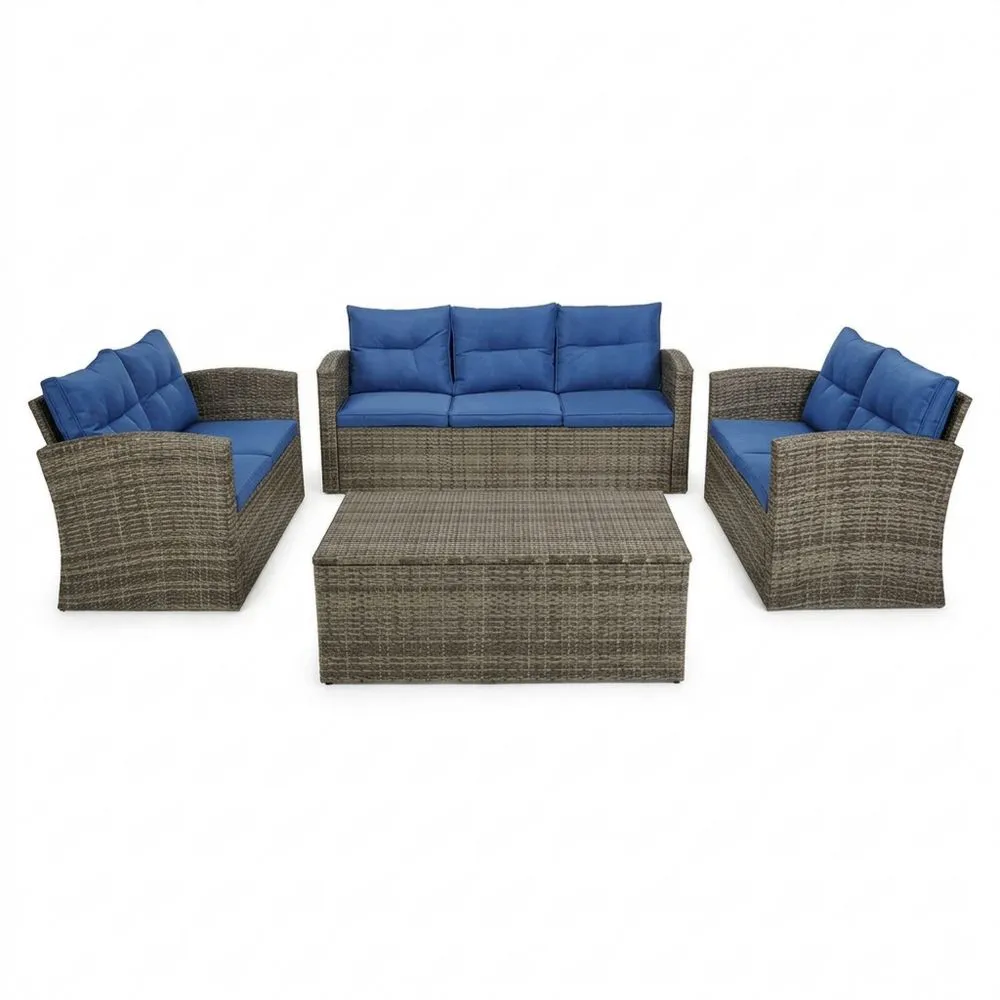 4-teiliges Garten-Loungeset aus Rattan mit blauen Kissen-Retrovillaeu