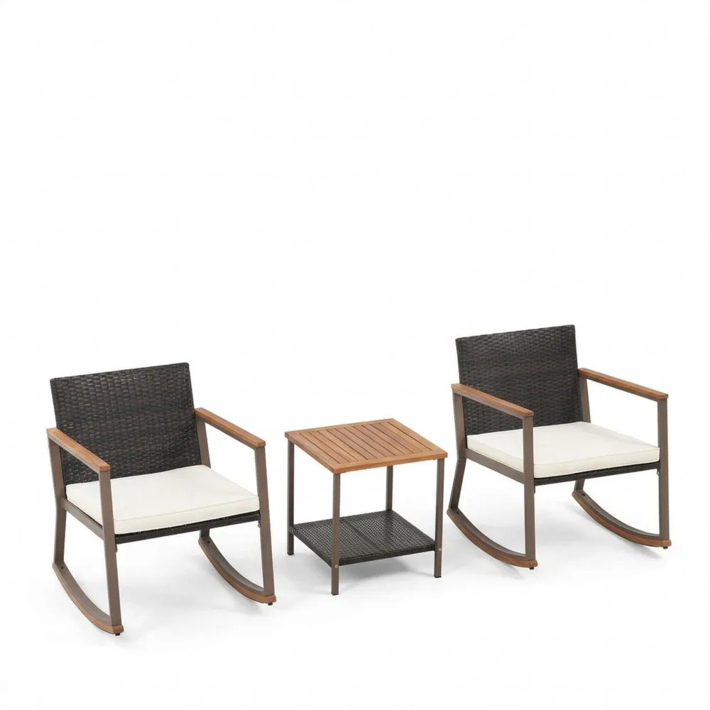 Rattan- und Stahl-Freizeitstuhl-Set mit Schaukelstühlen und Tisch in Braun/Beige-Retrovillaeu
